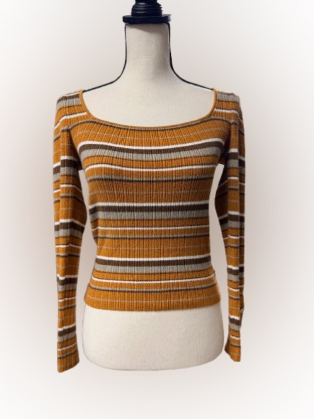 Urban Outfitters Striped Ribbed Scoop Neck Sweater Top Mustard Brown Y2K M